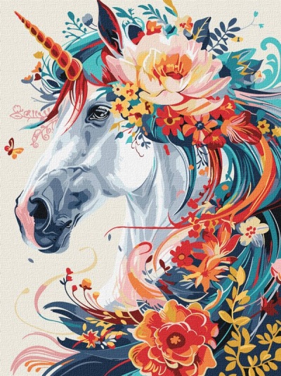 Ilustração colorida de um unicórnio com flores e crina colorida