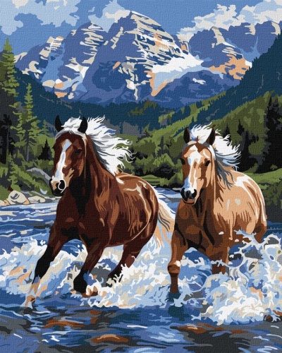 Pintura de dois cavalos a correr na água com montanhas ao fundo