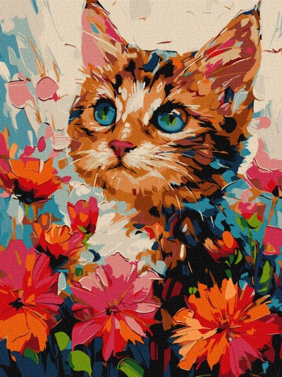 Quadro para pintar de número com gato e flores coloridas