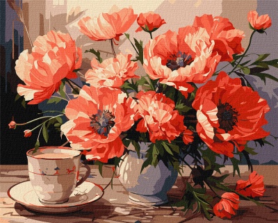 Ilustração de flores cor-de-rosa num vaso cinzento com uma chávena e pires ao lado sobre mesa de madeira