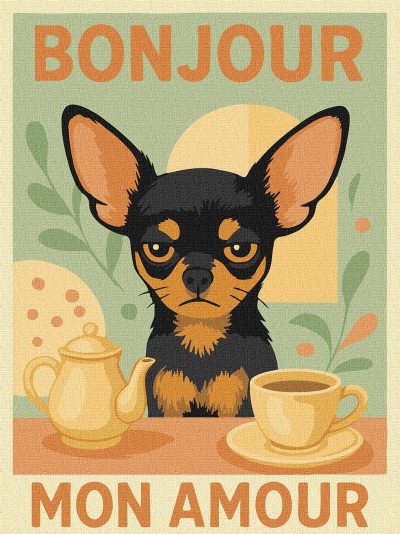 Ilustração de cão preto e castanho com bule e chávena de chá em fundo verde e texto BONJOUR MON AMOUR