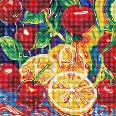 Arte pixel art de cerejas vermelhas e fatias amarelas de citrinos com folhas verdes.