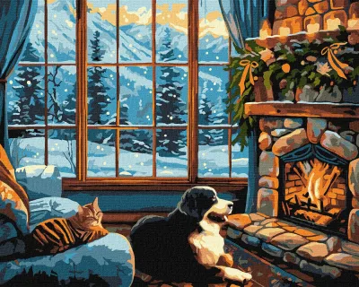 Interior acolhedor com janela, gato, cão e lareira