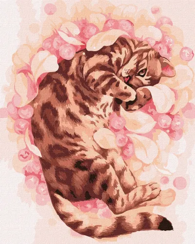Pintura texturizada de gato castanho malhado rodeado por flores rosas e bolhas.