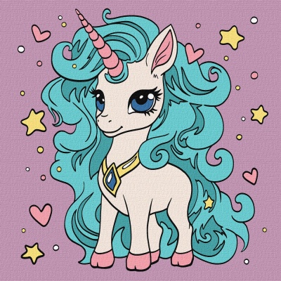 Desenho digital de unicórnio branco com crina azul e fundo lilás com corações e estrelas.