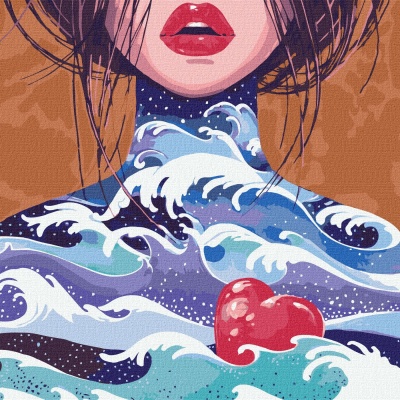 Ilustração artística de mulher com padrão de ondas e coração vermelho no peito