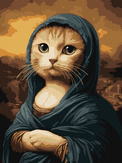 Pintura digital de gato com manto azul escuro e fundo castanho quente.