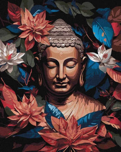 Imagem estampada de escultura de Buda rodeada por flores e folhas coloridas