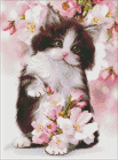 Quadro mosaico de gato preto e branco com flores cor-de-rosa