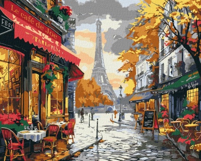 Imagem artística de um café de rua com toldos vermelhos e a Torre Eiffel ao fundo
