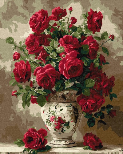 Vaso de cerâmica com ramo de rosas vermelhas pintado em tela
