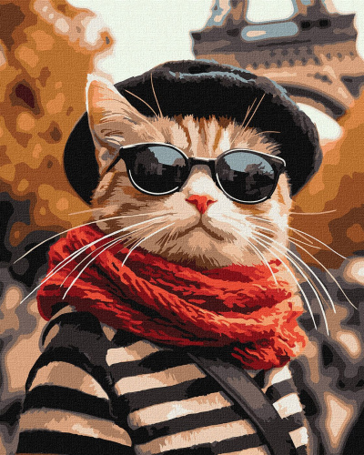 Gato ruivo com óculos de sol, boina, cachecol vermelho e camisola às riscas com Torre Eiffel ao fundo