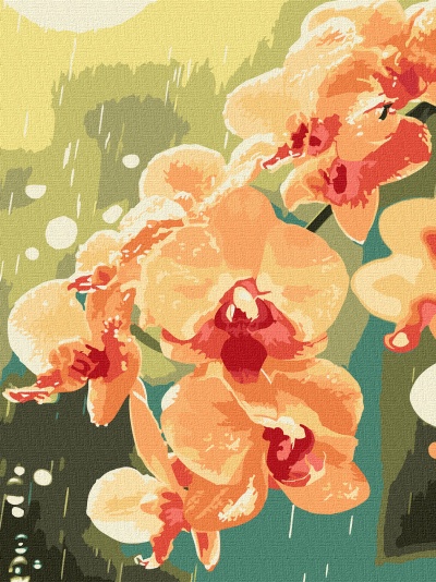 Pintura em tela de flores de orquídea laranja e vermelho com fundo abstrato verde e amarelo