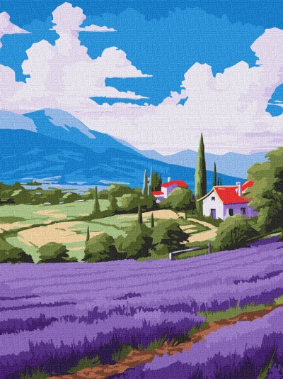 Pintura digital de campo de lavanda roxa com casas brancas de telhados vermelhos, árvores verdes, montanha azul ao fundo e céu azul com nuvens.