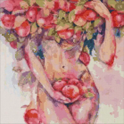 Duas mulheres com batas florais vermelhas e fundo branco, fundo pixelizado