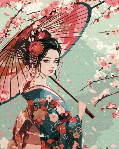 Mulher asiática com quimono floral e guarda-chuva rosa entre flores cor-de-rosa