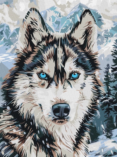 Pintura digital de um lobo com olhos azuis e montanhas nevadas ao fundo