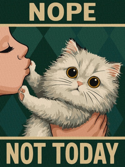 Poster ilustrado de um gato branco e um rosto humano com texto NOPE NOT TODAY