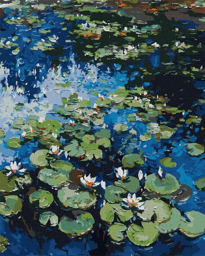 Pintura de flores de lótus brancas e folhas verdes em água azul