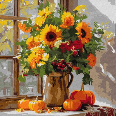 Quadro pintado a óleo de flores coloridas em vaso com abóboras na mesa junto a janela.