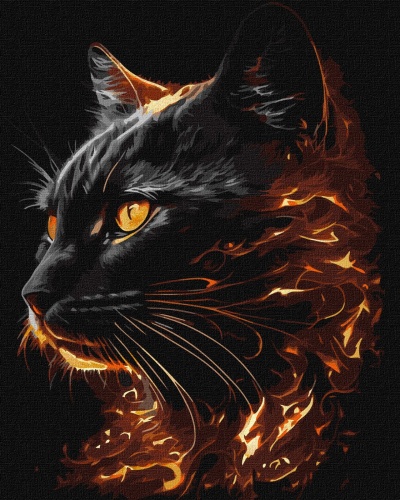 Gato preto estilizado com olhos amarelos e padrões de fogo à volta