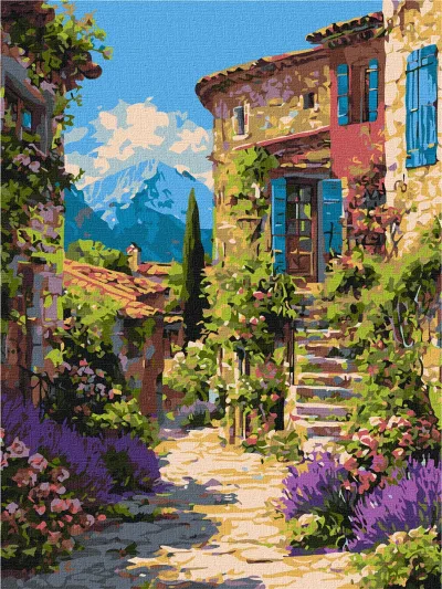 Paisagem pintada de rua rústica com casas em pedra e flores coloridas