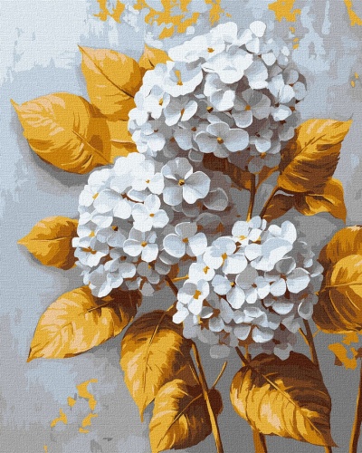 Pintura em tela de flores brancas e folhas amarelas