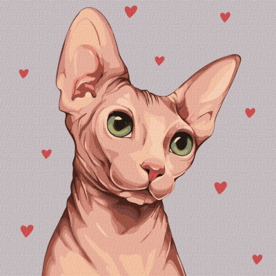 Ilustração digital de gato Sphynx com fundo cinzento e corações vermelhos