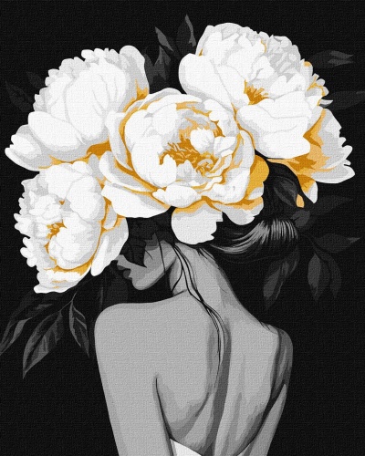 Mulher de costas com grande arranjo de flores brancas e amarelas na cabeça