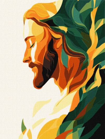 Retrato artístico colorido de perfil masculino com barba e cabelo longo