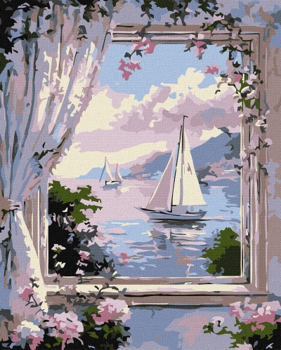 Pintura de barco à vela com moldura floral