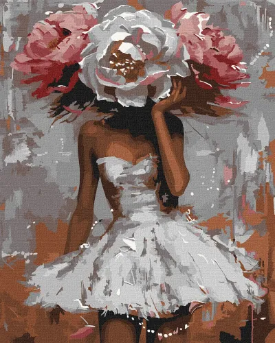 Imagem artística de mulher com vestido branco e chapéu de flores grandes