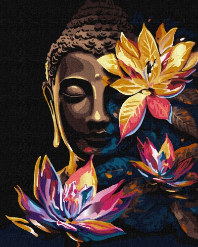 Pintura de Buda com flores coloridas em fundo preto