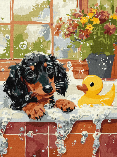 Pintura de um cachorrinho numa banheira com espuma e pato de borracha