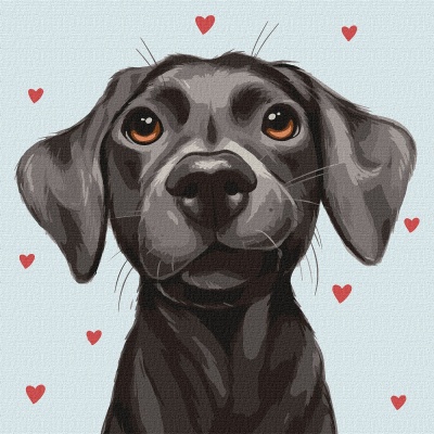 Desenho digital de um cão preto com olhos castanhos e corações vermelhos ao fundo