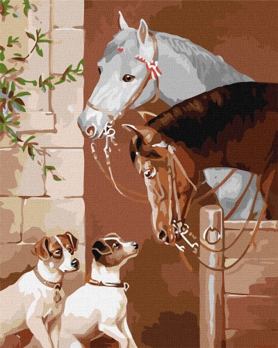 Dois cavalos e dois cães junto a uma parede com planta trepadeira