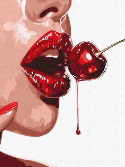 Rosto feminino estilizado com lábios vermelhos e cereja vermelha com gota