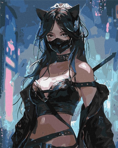 Personagem feminina com orelhas de gato e roupa preta num cenário urbano noturno