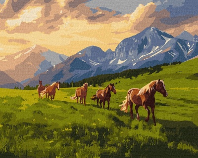 Pintura por números de cavalos em campo com montanhas e céu colorido