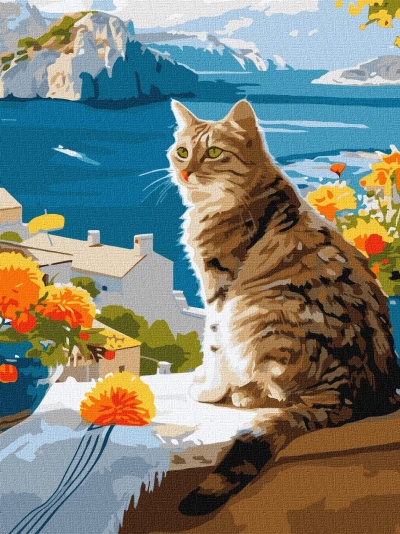 Gato riscado sentado numa mesa com flores e mar ao fundo em pintura texturizada.
