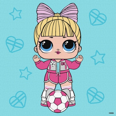 Boneca cartoon com roupa desportiva rosa e bola de futebol cor-de-rosa