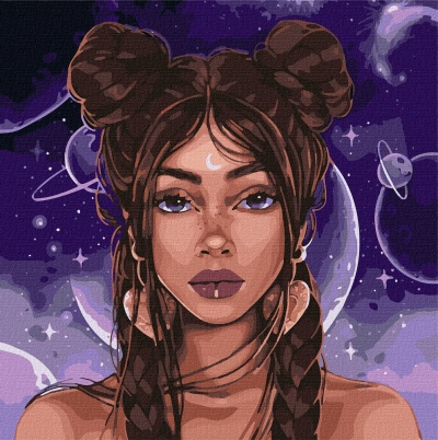Ilustração digital de mulher com cabelo castanho, fundo espacial roxo com planetas