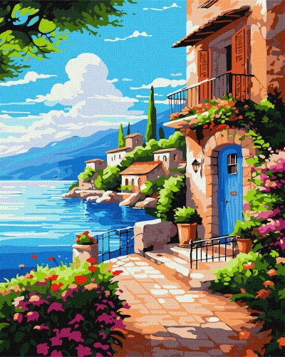 pintura digital de casa com porta azul e mar ao fundo