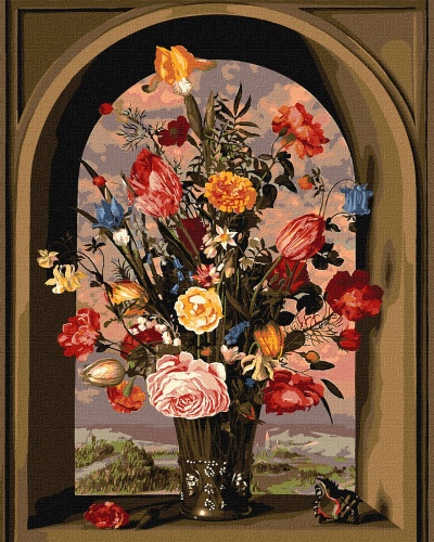 Quadro digital de um vaso decorativo com flores coloridas numa janela arqueada