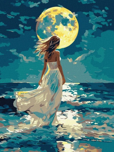 Pintura de mulher com vestido branco na praia à noite com lua grande