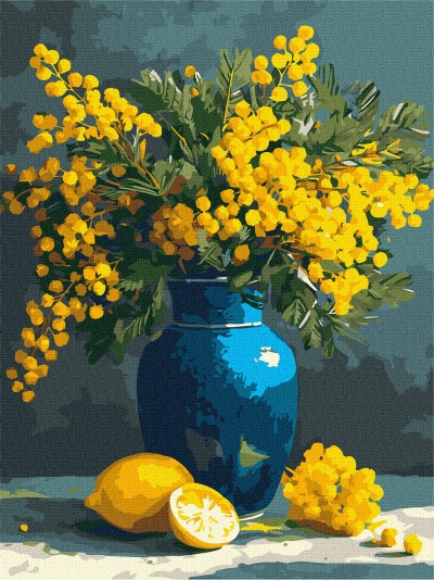Pintura de vaso azul com flores amarelas e limões