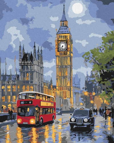 Pintura digital do Big Ben com autocarro vermelho e táxi preto numa rua à noite