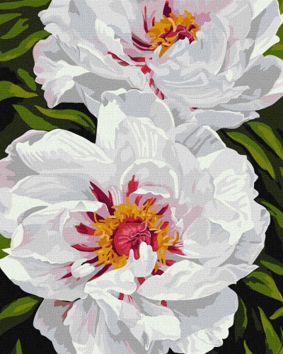 Pintura de flores brancas com folhas verdes