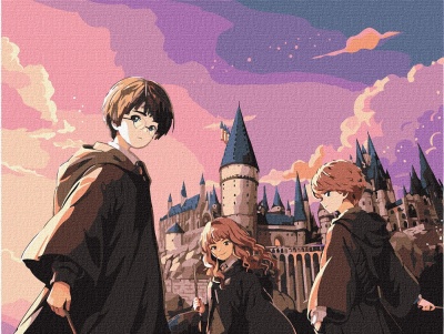 Imagem de três personagens com capas e varinhas em frente a castelo com torres em céu colorido.