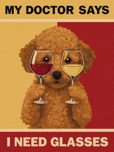 Desenho de cão com copos de vinho e texto engraçado em fundo colorido